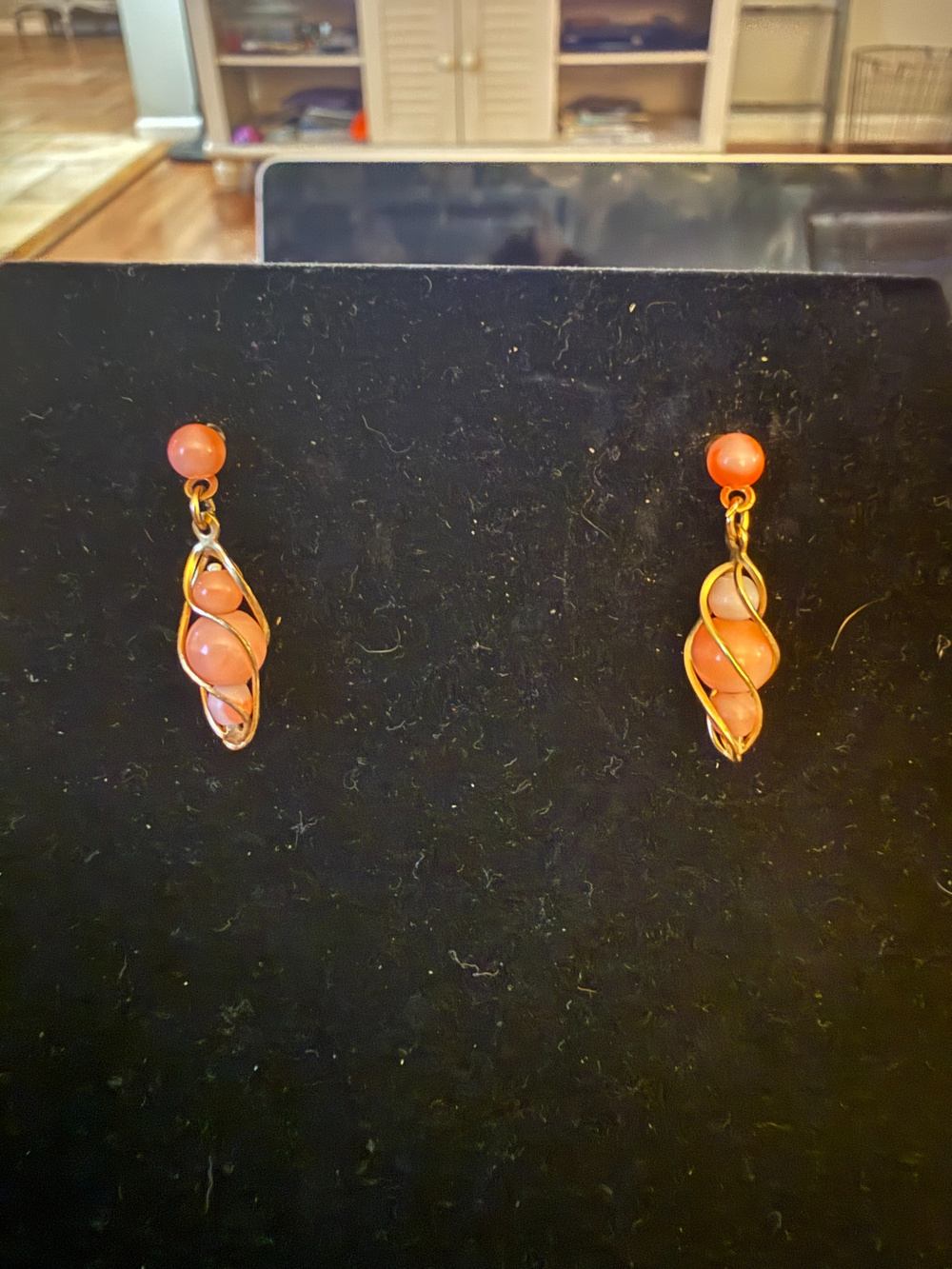 Gold Tone Coral Beaded Dangle Earrings - Used